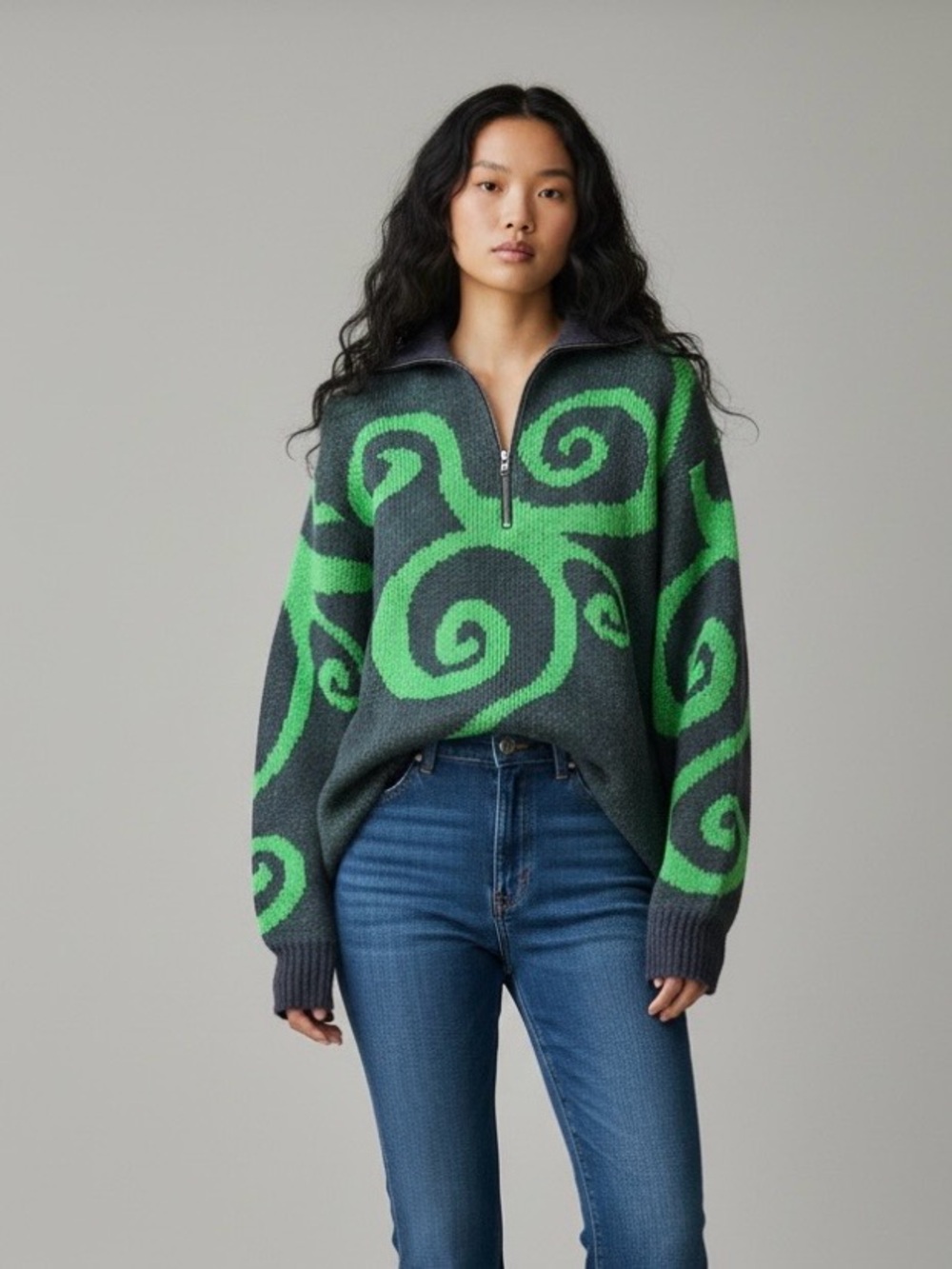 Vintage Designer Complice sweater in Neon Green Swirl and navy Half-Zip Sweater
